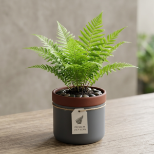 Lacy Fern indoor plant in a matte grey ceramic pot on a wooden table